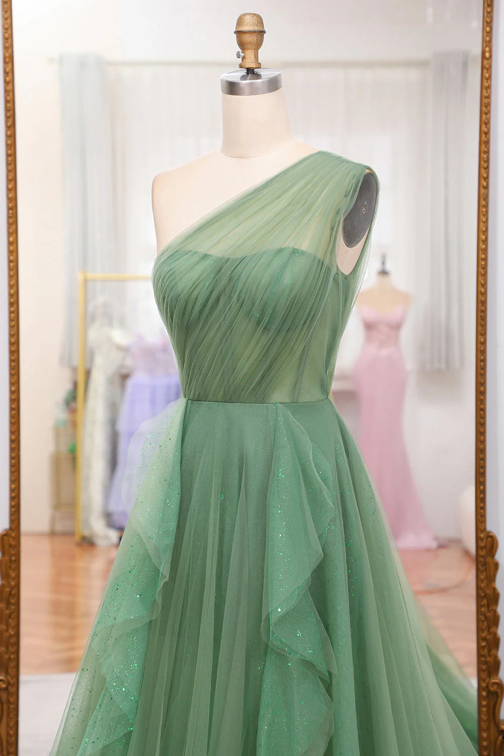 A-Line Dark Green Sparkly One Shoulder Long Tulle Prom Dress