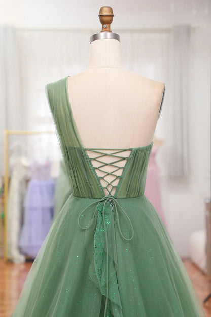 A-Line Dark Green Sparkly One Shoulder Long Tulle Prom Dress