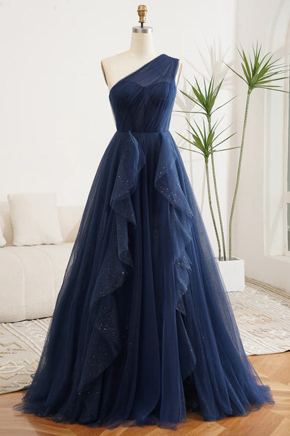 A Line Pleated One Shoulder Tulle Long Prom Dress