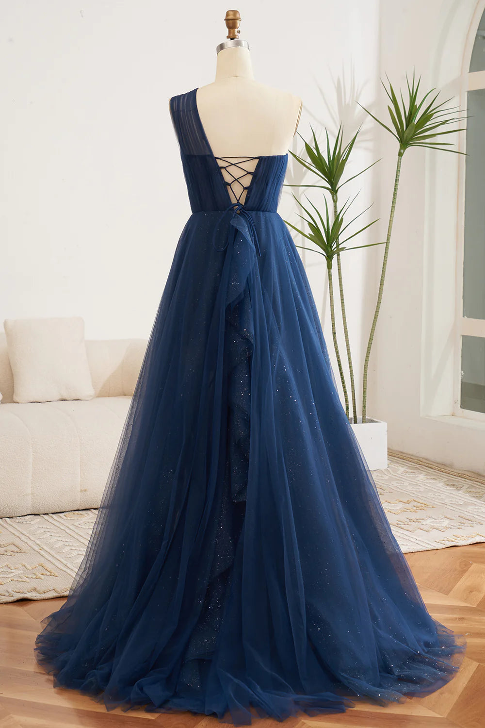 A Line Pleated One Shoulder Tulle Long Prom Dress