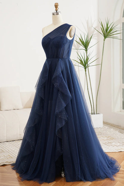 A Line Pleated One Shoulder Tulle Long Prom Dress