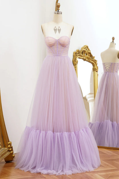 Off-the-Shoulder A Line Tulle Strapless Long Prom Dress