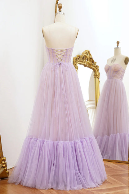 Off-the-Shoulder A Line Tulle Strapless Long Prom Dress