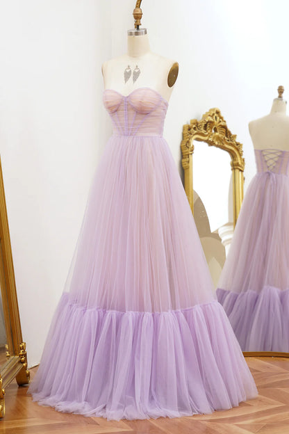 Off-the-Shoulder A Line Tulle Strapless Long Prom Dress