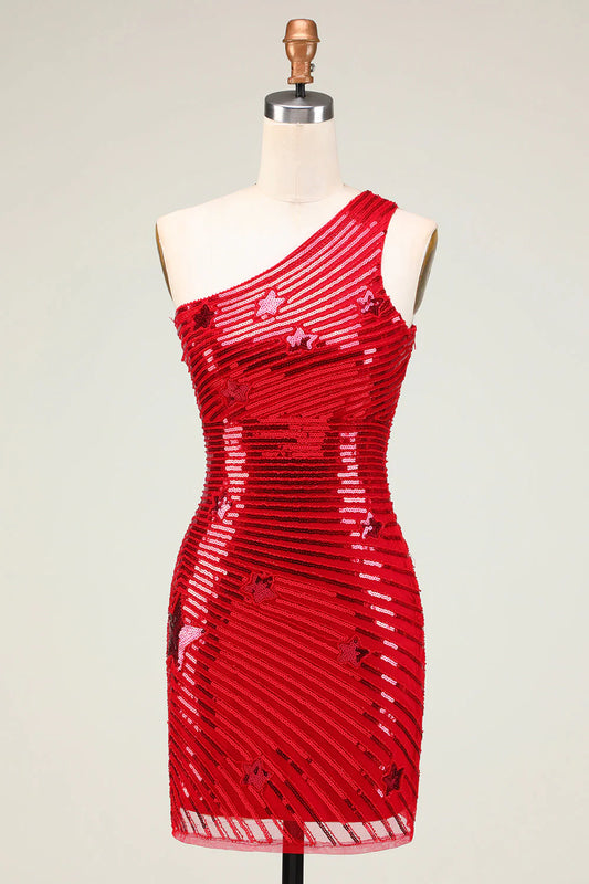 Red Sheath One Shoulder Sequins Short Homecoming Dress With Star