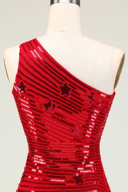 Red Sheath One Shoulder Sequins Short Homecoming Dress With Star