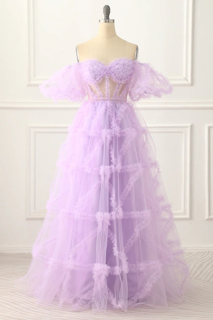 Lavender Off The Shoulder A-Line Tulle Prom Dress