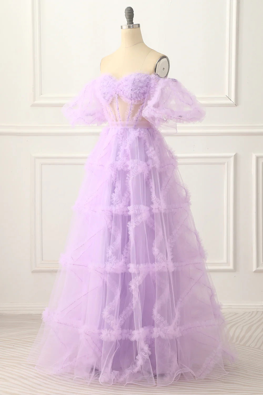 Lavender Off The Shoulder A-Line Tulle Prom Dress