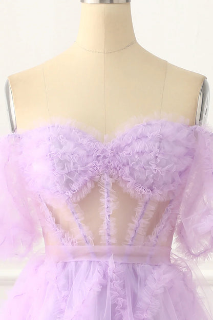 Lavender Off The Shoulder A-Line Tulle Prom Dress