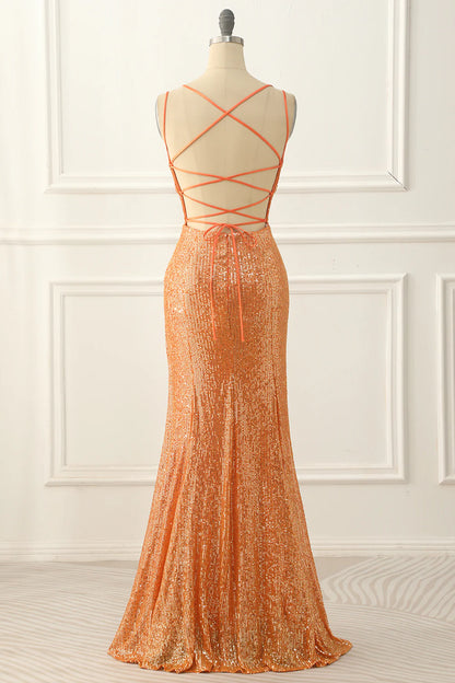 V Neck Lace-Up Back Sequins Prom Dress