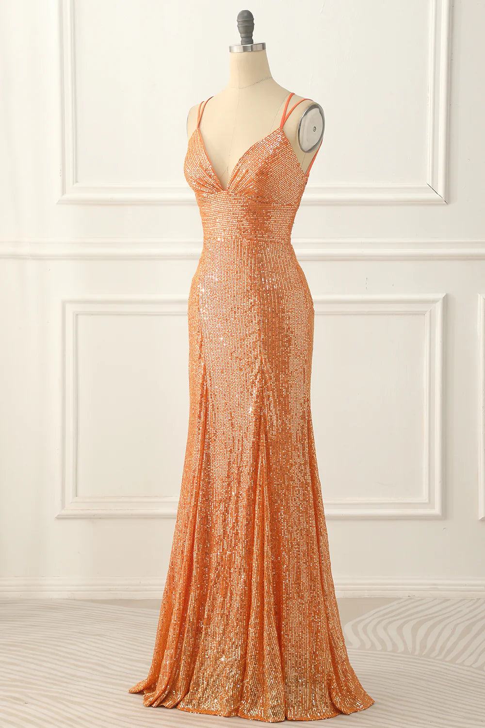 V Neck Lace-Up Back Sequins Prom Dress