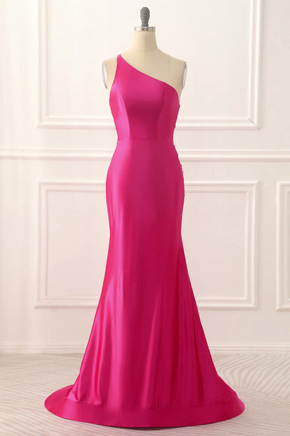 One Shoulder Fuchsia Satin Backless Long Prom Dress