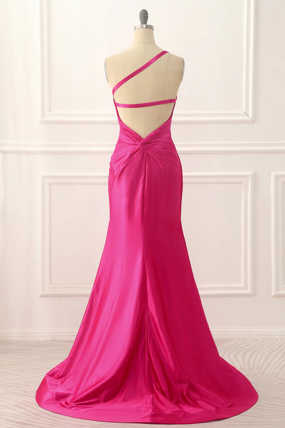 One Shoulder Fuchsia Satin Backless Long Prom Dress