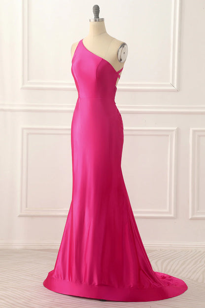 One Shoulder Fuchsia Satin Backless Long Prom Dress