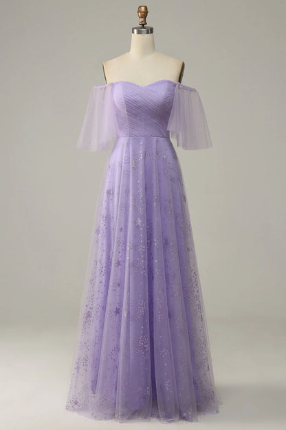 Lavender Off Shoulder Prom Dress With Ruffles