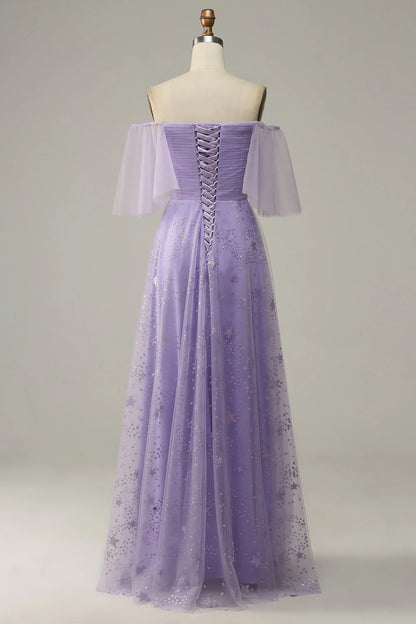 Lavender Off Shoulder Prom Dress With Ruffles