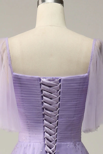 Lavender Off Shoulder Prom Dress With Ruffles