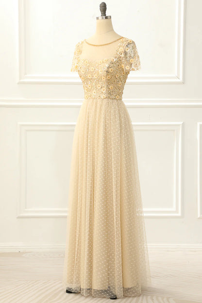 Apricot A Line Tulle Sequins Prom Dress With Appliques