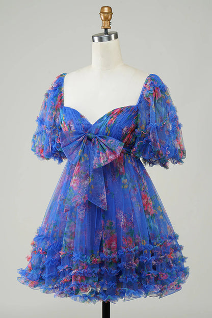 Floral Printed A-Line Tulle Homecoming Dress With Puff Sleeves