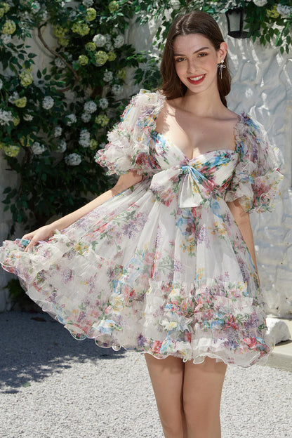 Floral Printed A-Line Tulle Homecoming Dress With Puff Sleeves