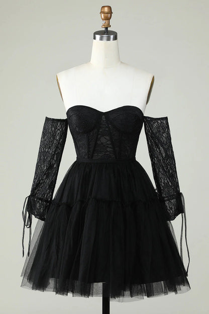 A Line Black Corset Off The Shoulder Homecoming Dress With Lace Long Sleeves