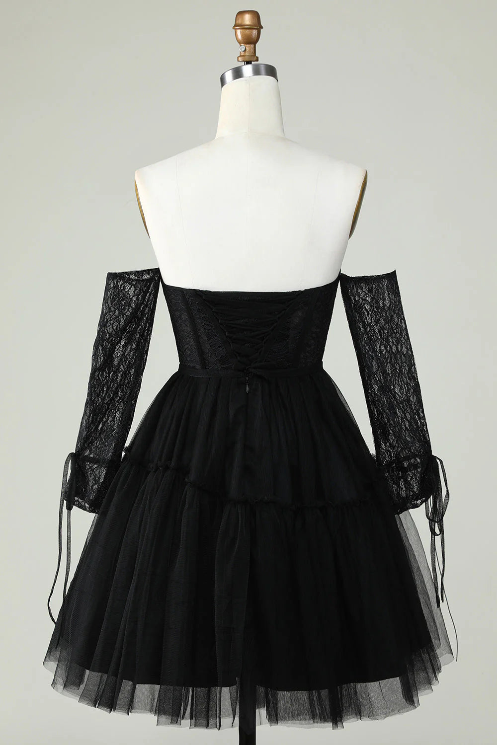 A Line Black Corset Off The Shoulder Homecoming Dress With Lace Long Sleeves