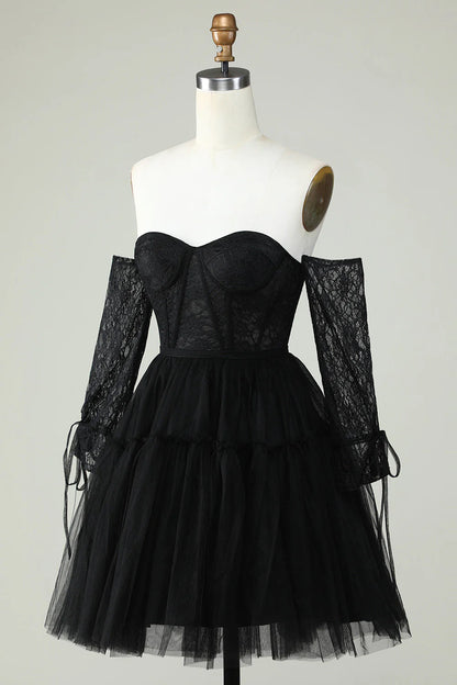 A Line Black Corset Off The Shoulder Homecoming Dress With Lace Long Sleeves