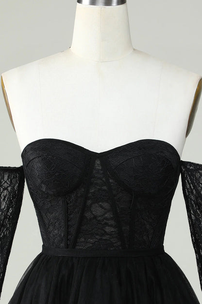 A Line Black Corset Off The Shoulder Homecoming Dress With Lace Long Sleeves