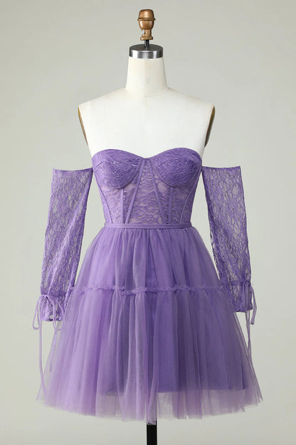 A Line Purple Corset Off The Shoulder Homecoming Dress With Lace Long Sleeves