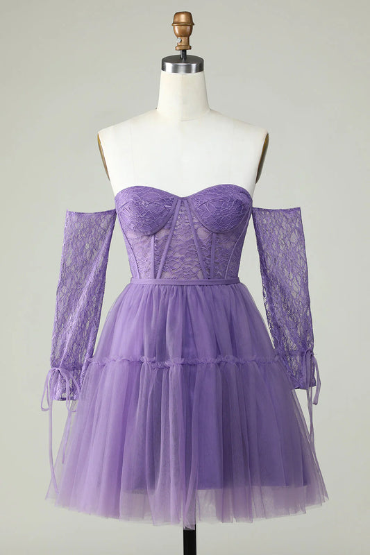 A Line Purple Corset Off The Shoulder Homecoming Dress With Lace Long Sleeves