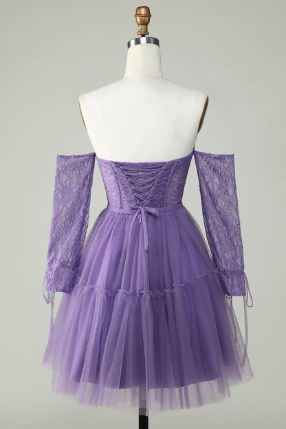 A Line Purple Corset Off The Shoulder Homecoming Dress With Lace Long Sleeves