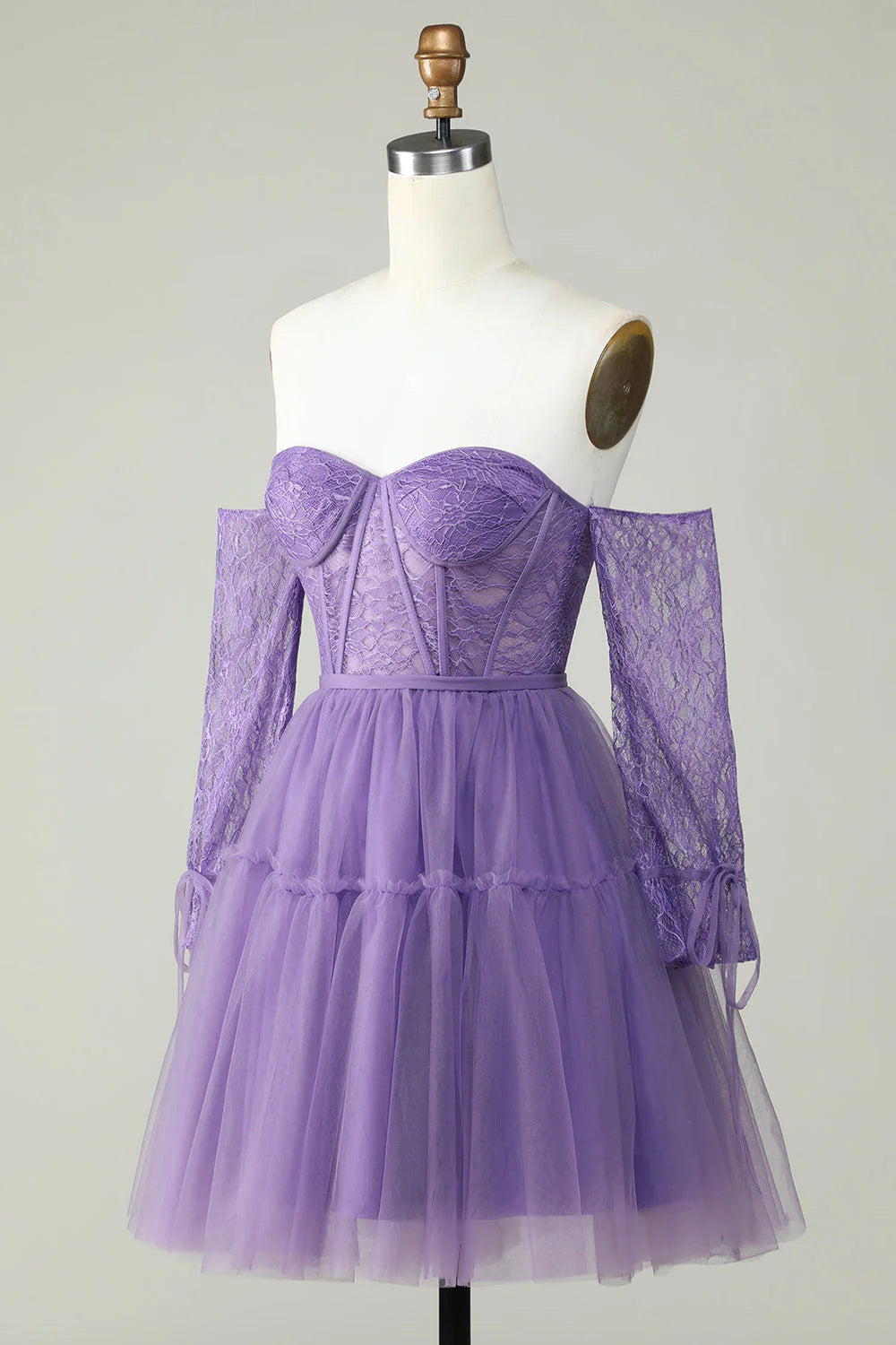 A Line Purple Corset Off The Shoulder Homecoming Dress With Lace Long Sleeves