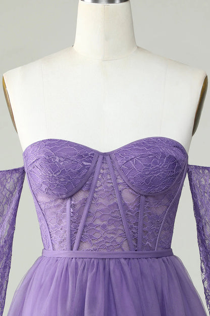 A Line Purple Corset Off The Shoulder Homecoming Dress With Lace Long Sleeves