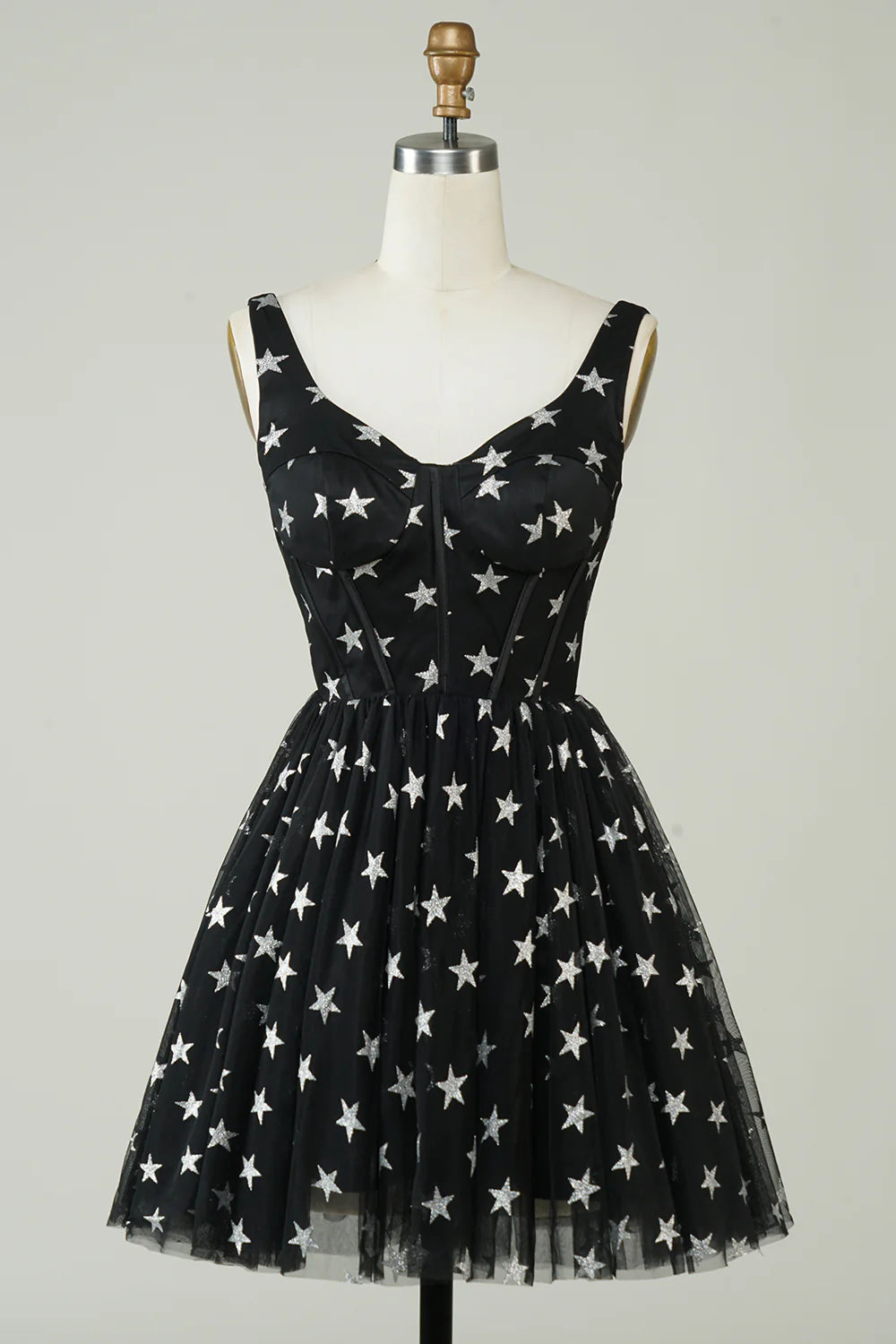 A Line  V Neck Tulle Black Homecoming Dress With Stars