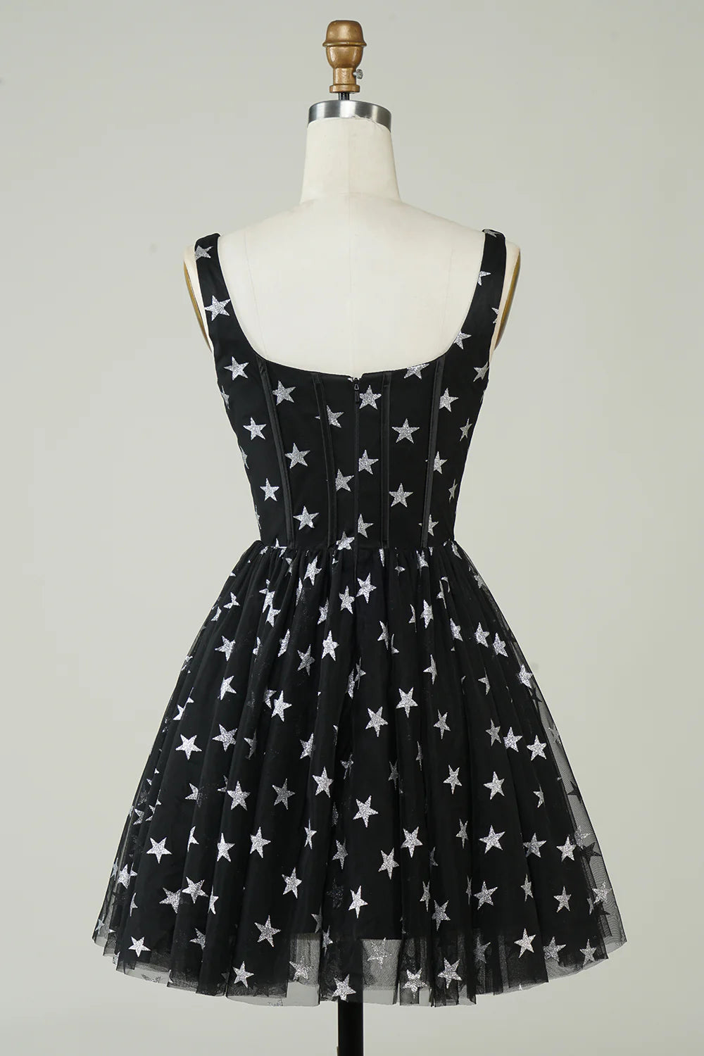 A Line  V Neck Tulle Black Homecoming Dress With Stars