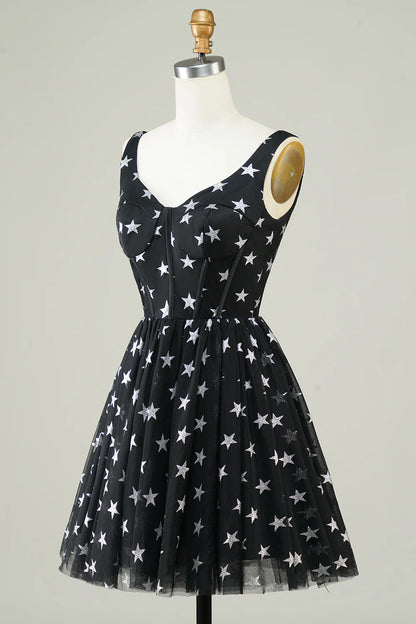 A Line  V Neck Tulle Black Homecoming Dress With Stars