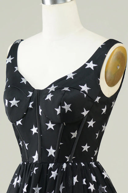 A Line  V Neck Tulle Black Homecoming Dress With Stars