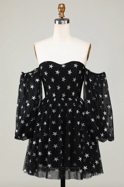 Black Off The Shoulder Stars A Line Homecoming Dress