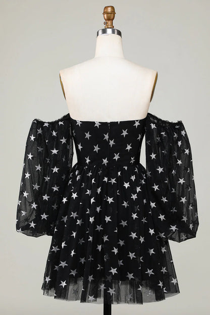 Black Off The Shoulder Stars A Line Homecoming Dress