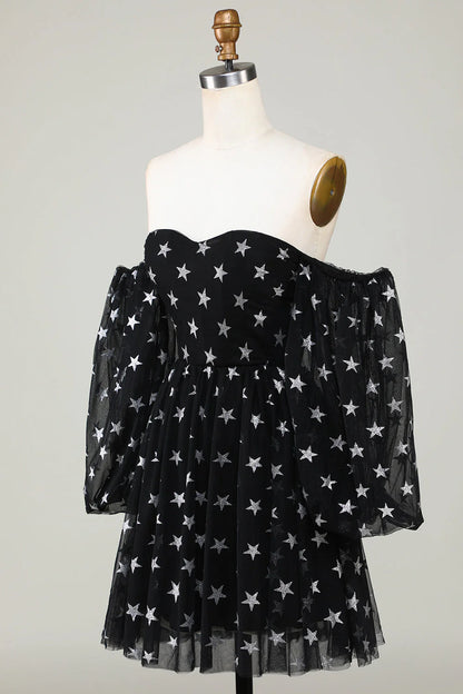 Black Off The Shoulder Stars A Line Homecoming Dress