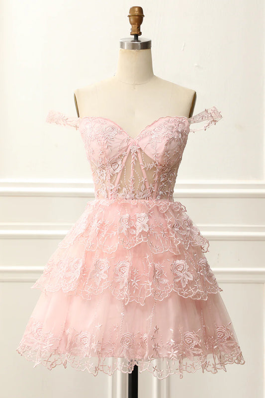 Pink Off The Shoulder Corset Homecoming Dress With Appliques