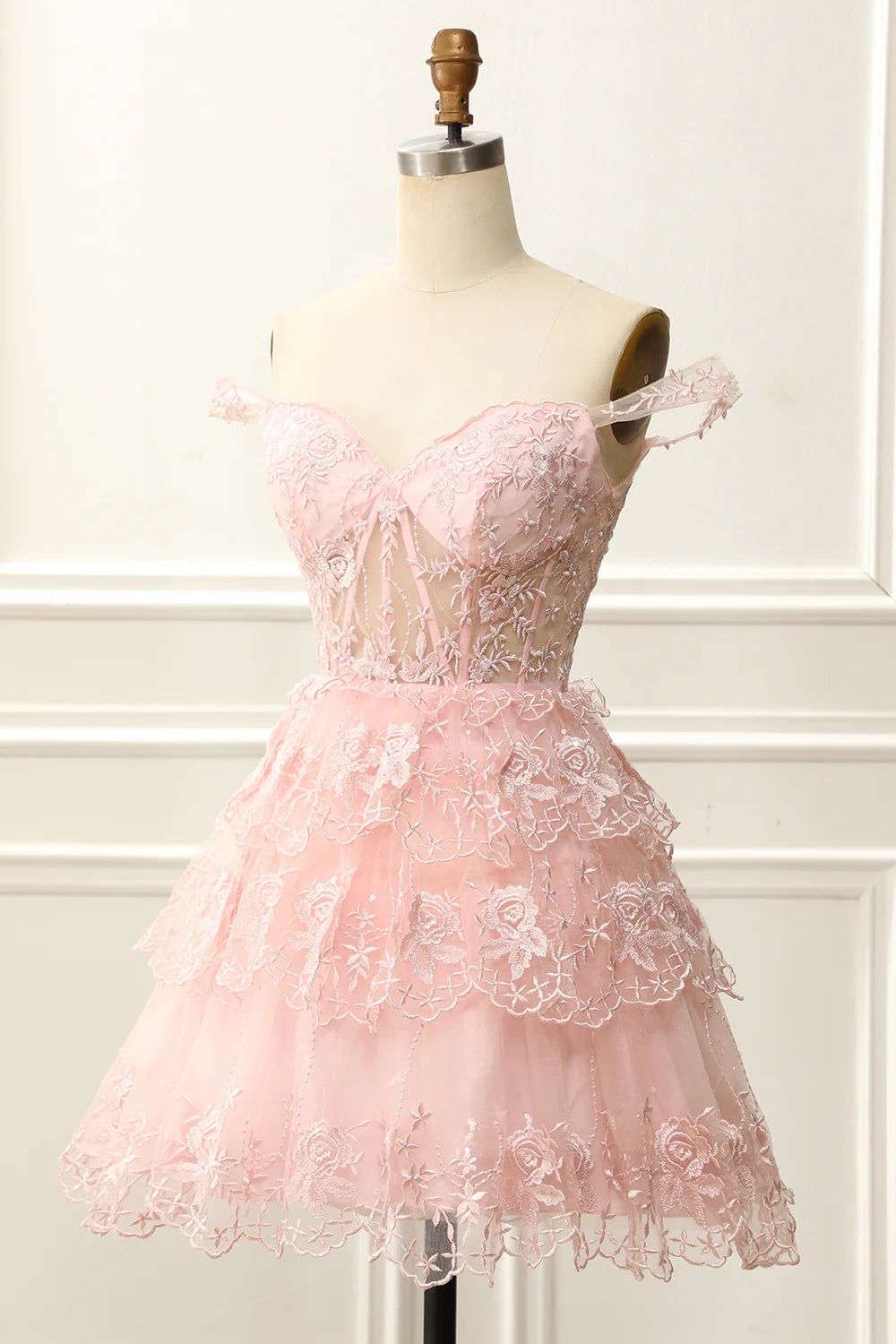 Pink Off The Shoulder Corset Homecoming Dress With Appliques