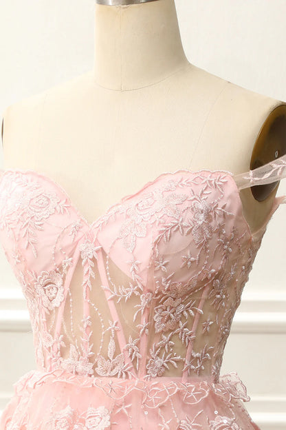 Pink Off The Shoulder Corset Homecoming Dress With Appliques