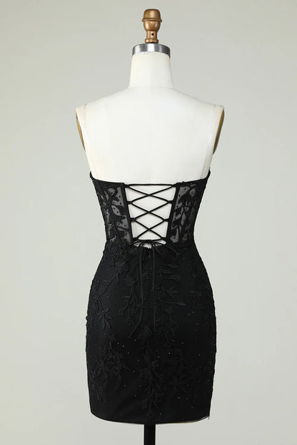 Strapless Tight Black Homecoming Dress With Appliques