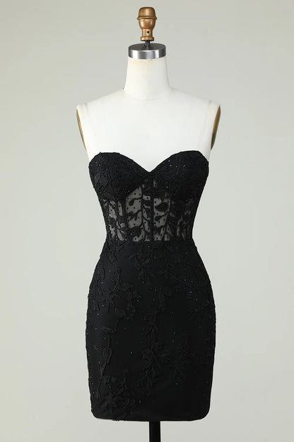 Strapless Tight Black Homecoming Dress With Appliques