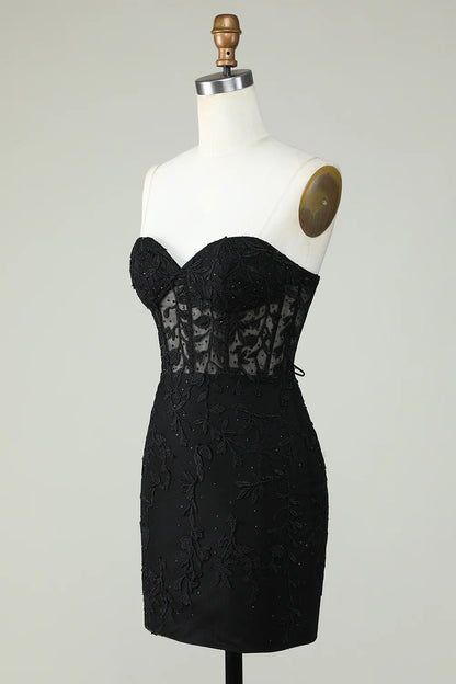 Strapless Tight Black Homecoming Dress With Appliques