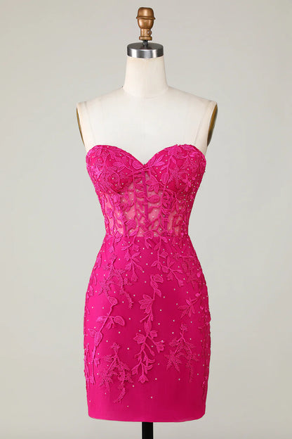 Hot Pink Strapless Tight Homecoming Dress With Appliques