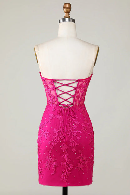 Hot Pink Strapless Tight Homecoming Dress With Appliques