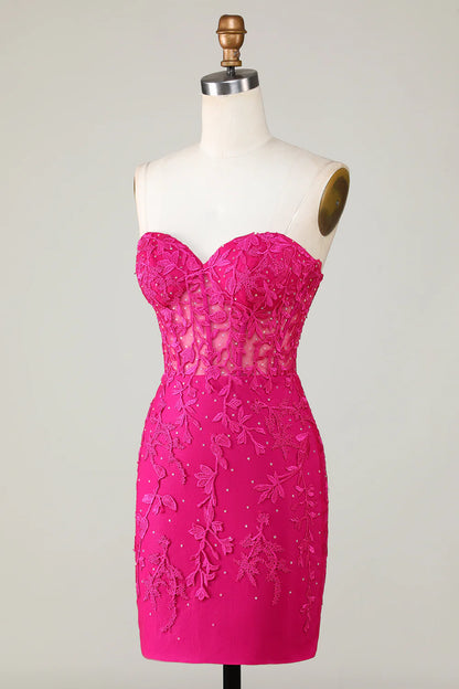 Hot Pink Strapless Tight Homecoming Dress With Appliques