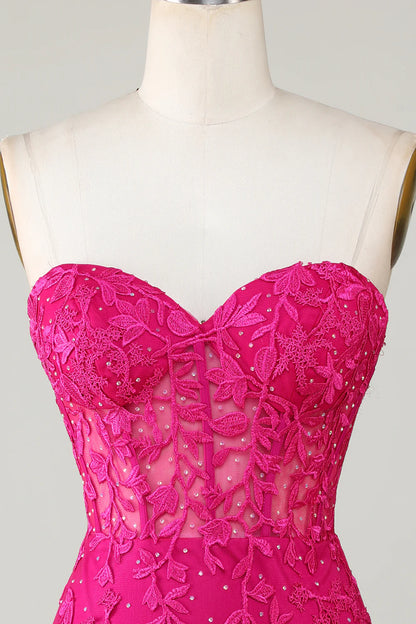 Hot Pink Strapless Tight Homecoming Dress With Appliques